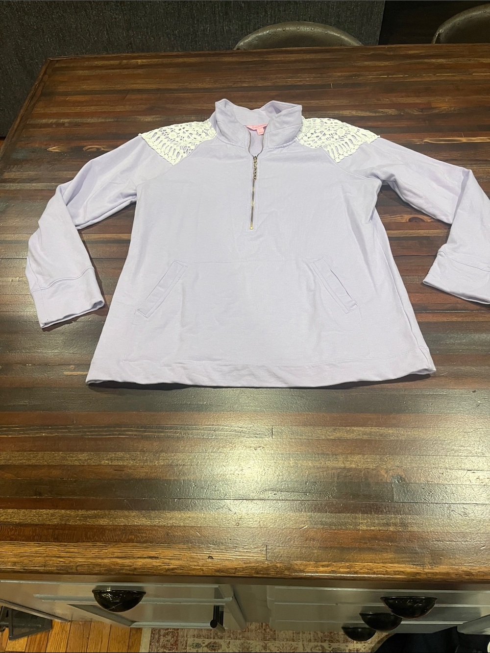 Lilly Pulitzer Light Lavender Half-Zip Pullover with White Lace Shoulders large